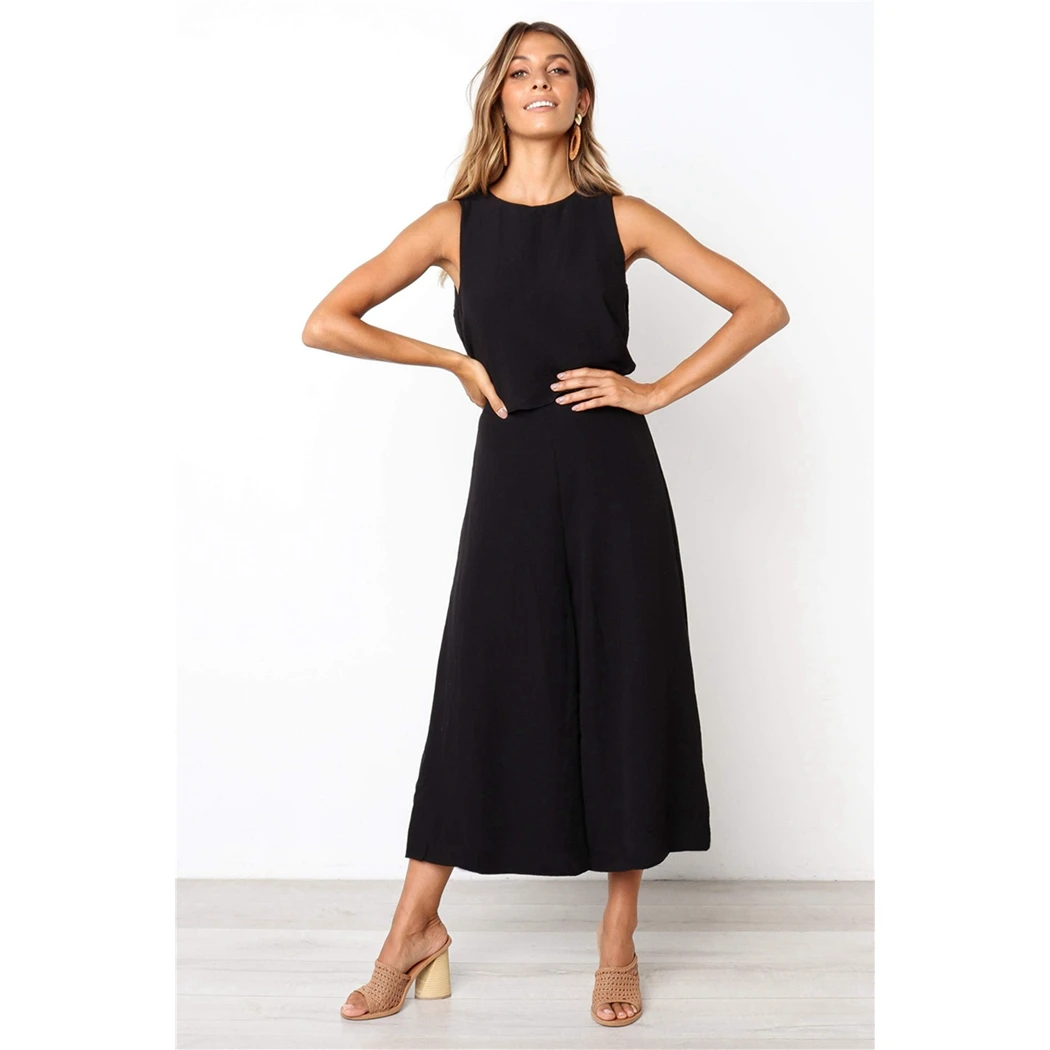 Женский комбинезон с широкими штанинами лето 2019 без рукавов круглым вырезом