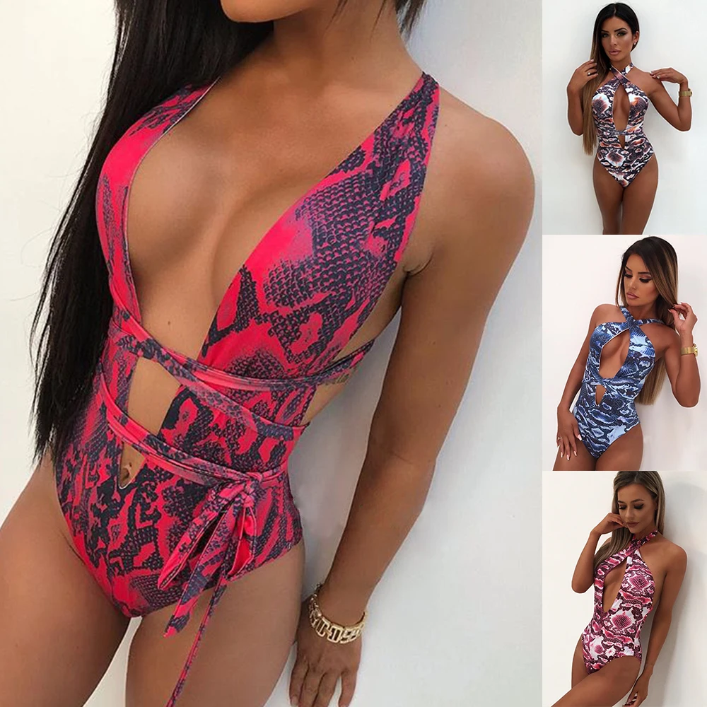 

2019 new one piece swimsuit personalized snakeskin print sexy slim ladies swimwear thong deep V-neck bikini 4 styles