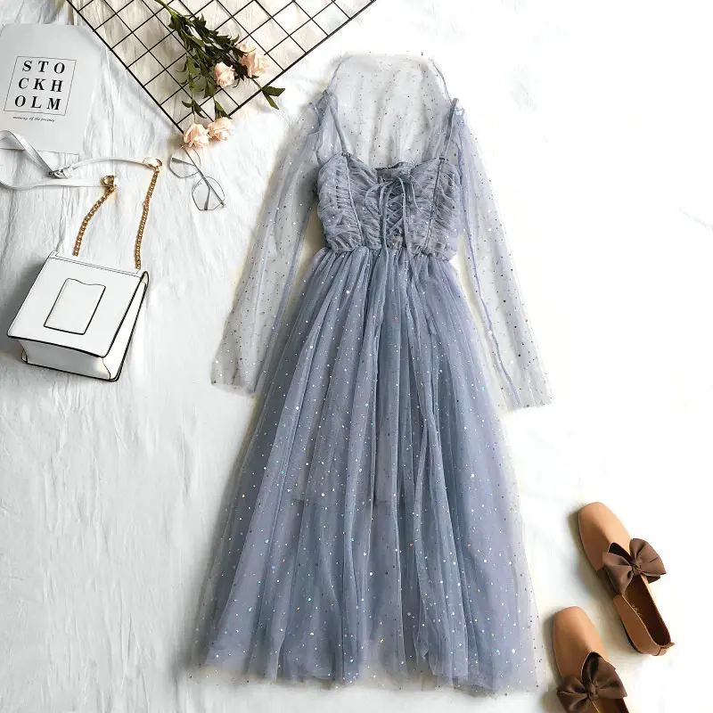 Women Fashion Dress Женское летнее Бандажное платье на шнуровке с блестками и оборками, повседневное эластичное тонкое сетчатая вуаль с высокой талией, пуловер на бретелях, Тюлевое платье - Цвет: Women Fashion Dress