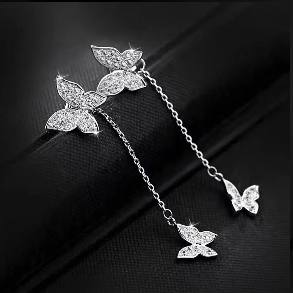 Женские длинные серьги гвоздики с фианитом серебряного цвета|butterfly stud earrings|stud