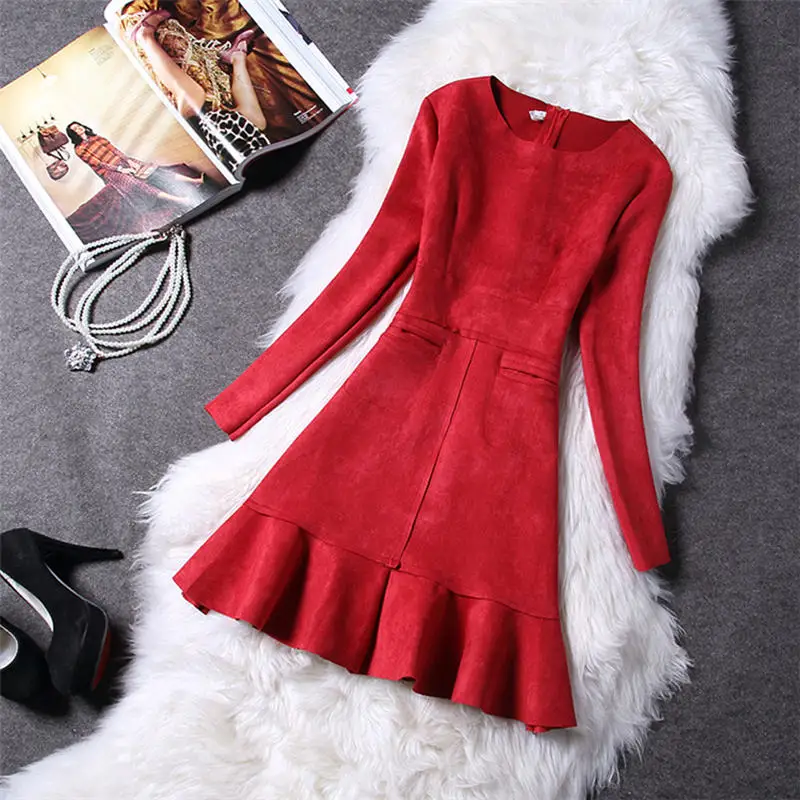 Зимнее женское Замшевое платье Осеннее облегающее вечернее с длинным рукавом