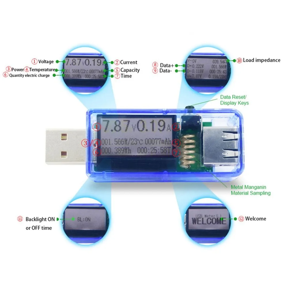 Портативный 12 в 1 USB Тестер Цифровой вольтметр постоянного тока Вольтметр