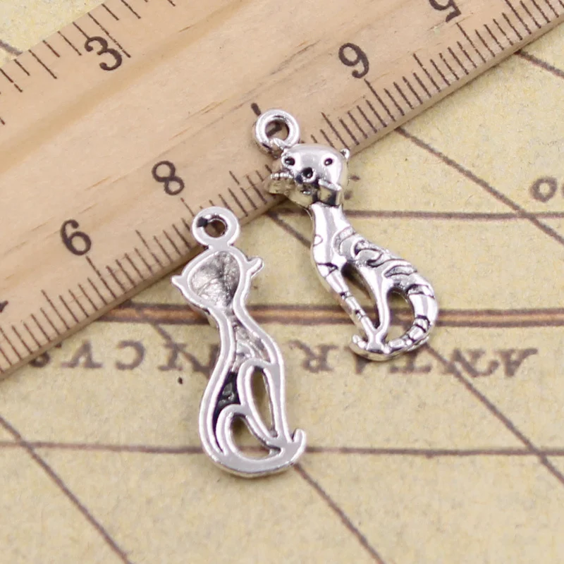 40 штук подвесок "Кошка" 25x9 мм, античный серебристый цвет, изготовление украшений своими руками, тибетская находка для браслета.