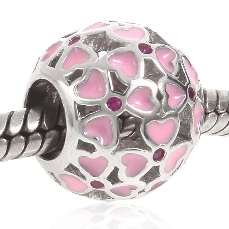 Аутентичные стерлингового серебра 925 розовый сердца бисера цветочный Шарм