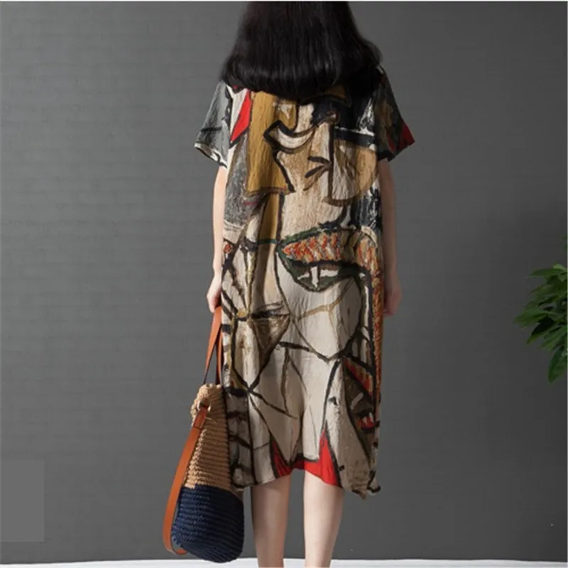 Летнее женское платье из хлопка и льна 2018 модное свободное с принтом средней