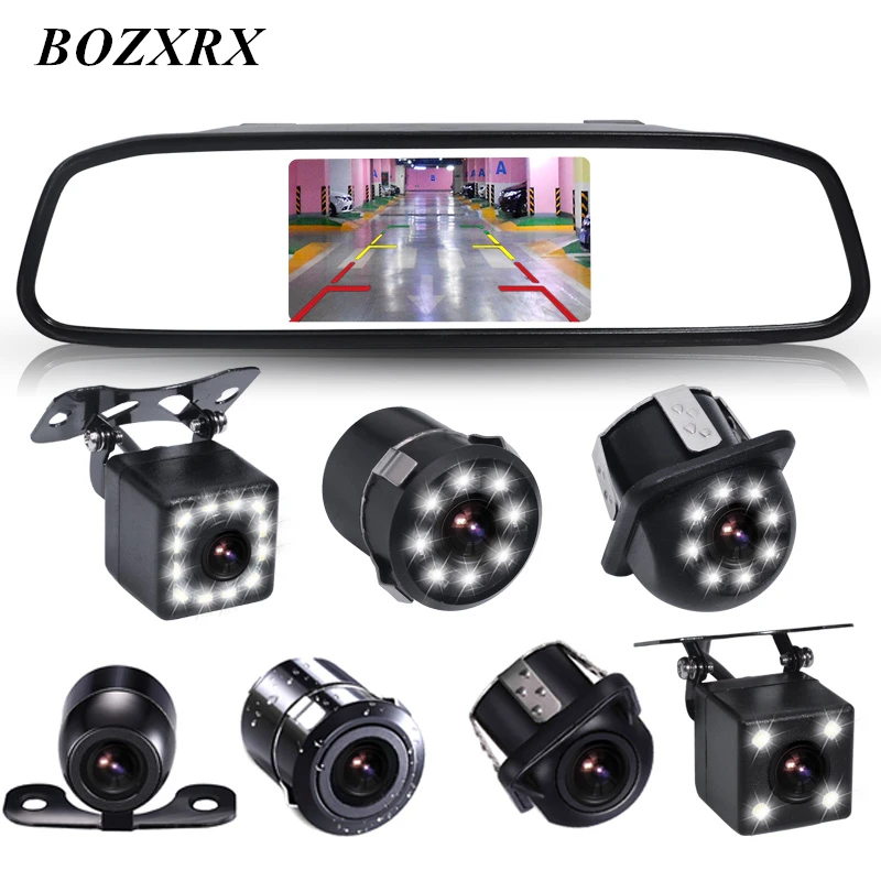 

BOZXRX Universal 4.3 Inch HD Color TFT LCD Parking Rear View Mirror Monitor With Backup Reverse Camera Waterproof Night Vision