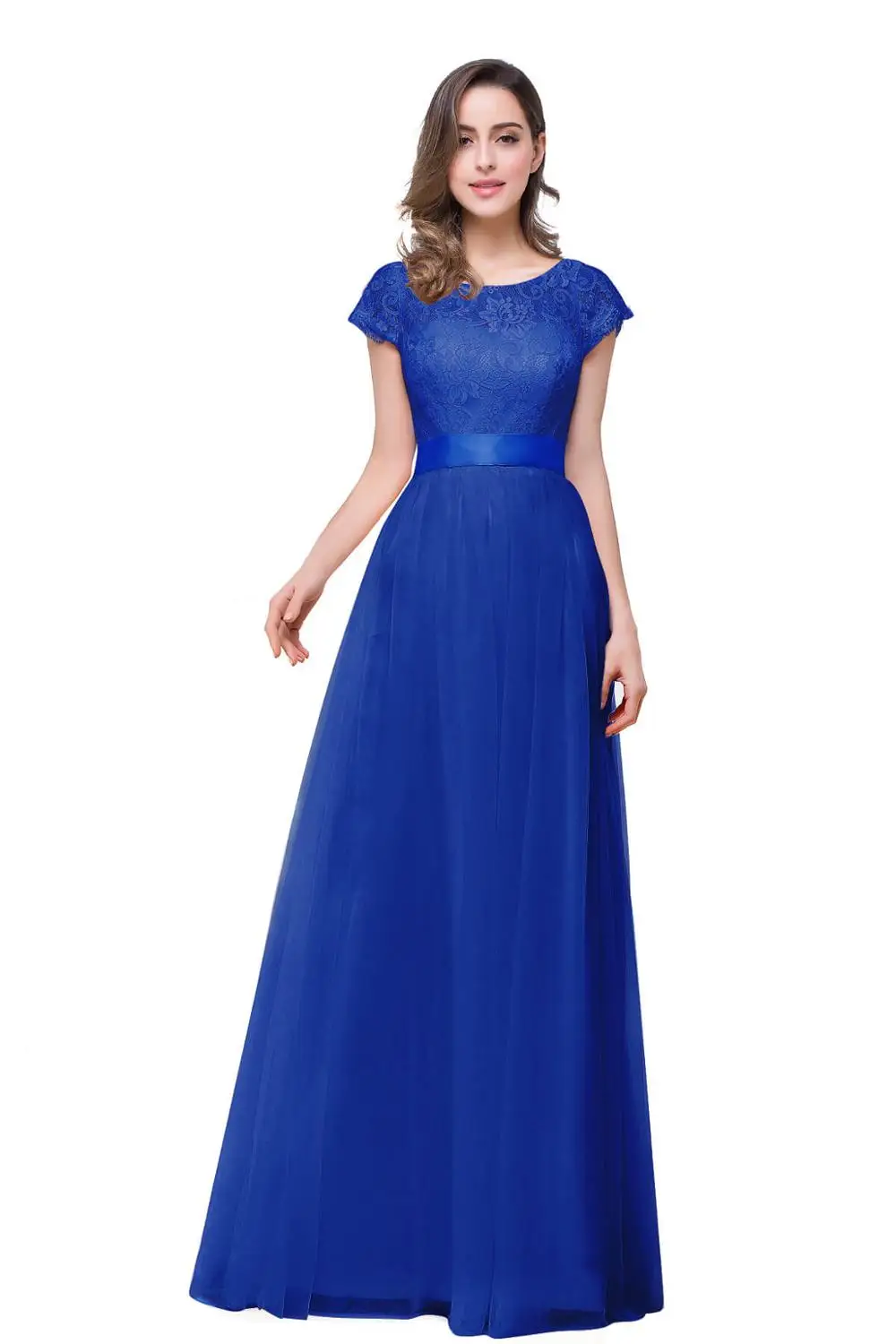 Graceful Lace Bow Chiffon Long Evening Dress In Stock Sexy Backless A-Line Evening Gowns Vestido de Festa - Цвет: Royal Blue