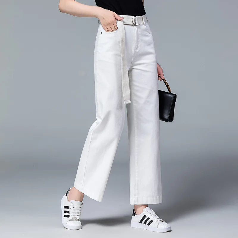 

high quali female summer fashion Straight jeans large size Loose casual trousers High waist white Straight denim wide leg pants