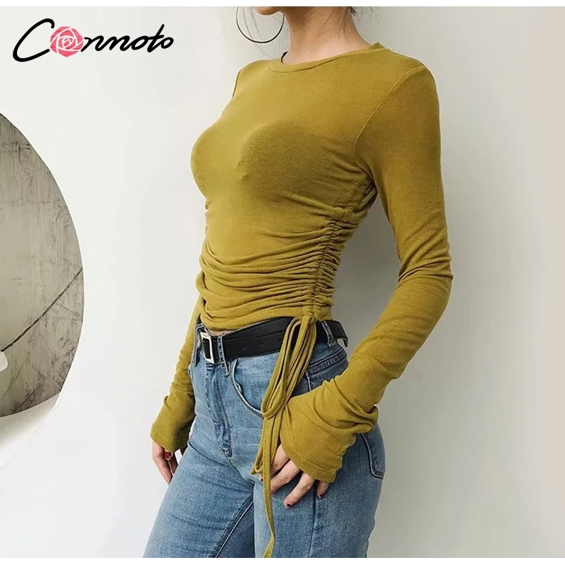 Yellow Green Conmoto Блузка со шнуровкой, базовые повседневные женские рубашки и блузки, однотонная зимняя блузка, 8 цветов - Цвет: Yellow Green