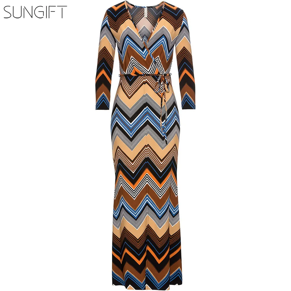 Женское длинное платье в африканском стиле SUNGIFT с волнистым рисунком v образным