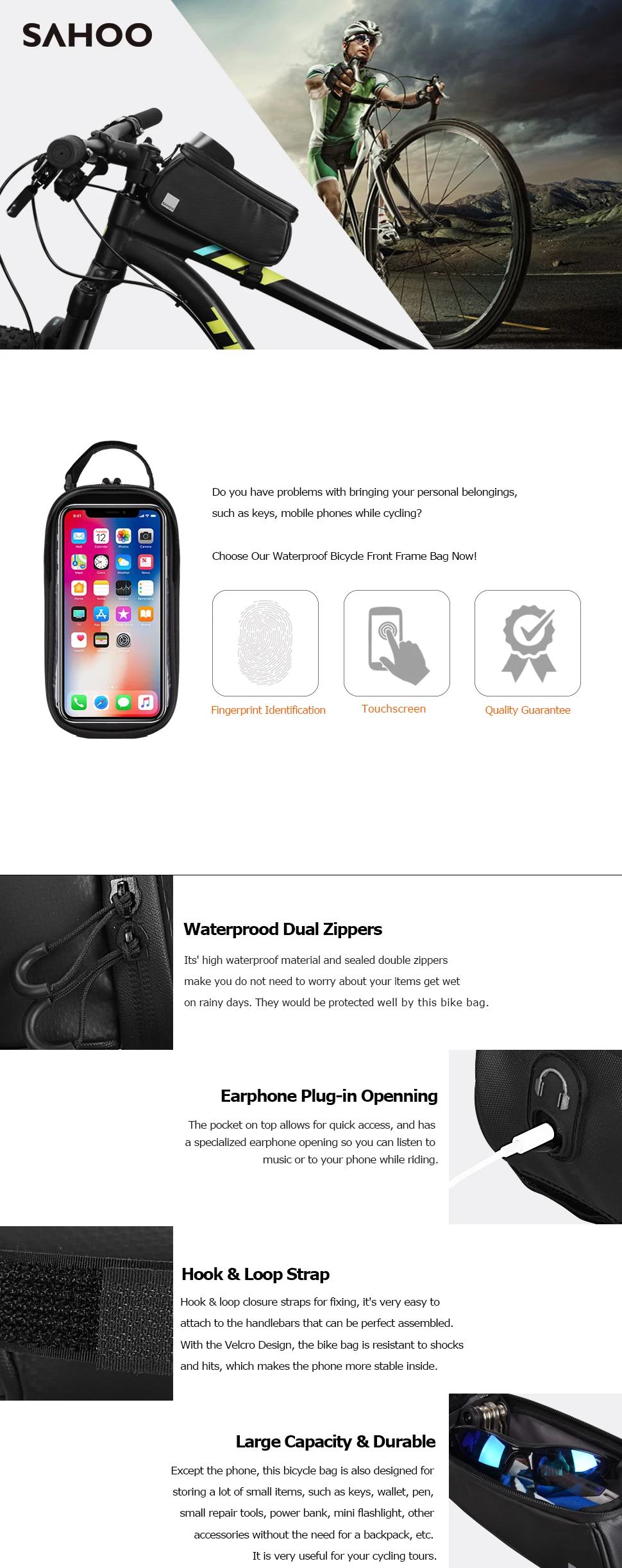 Sahoo 122053 Cycling Bicycle Waterproof Touchscreen Front Frame Top Tube Bike 6.5in Cell Mobile Phone Bag Pannier Pack Holder