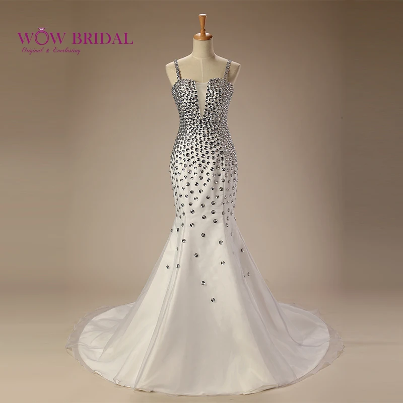 

Wowbridal изящные кристалл вечернее платье 2015 спагетти ремень из бисера без бретелек с открытой спиной тафты оборками русалка шифон вокруг