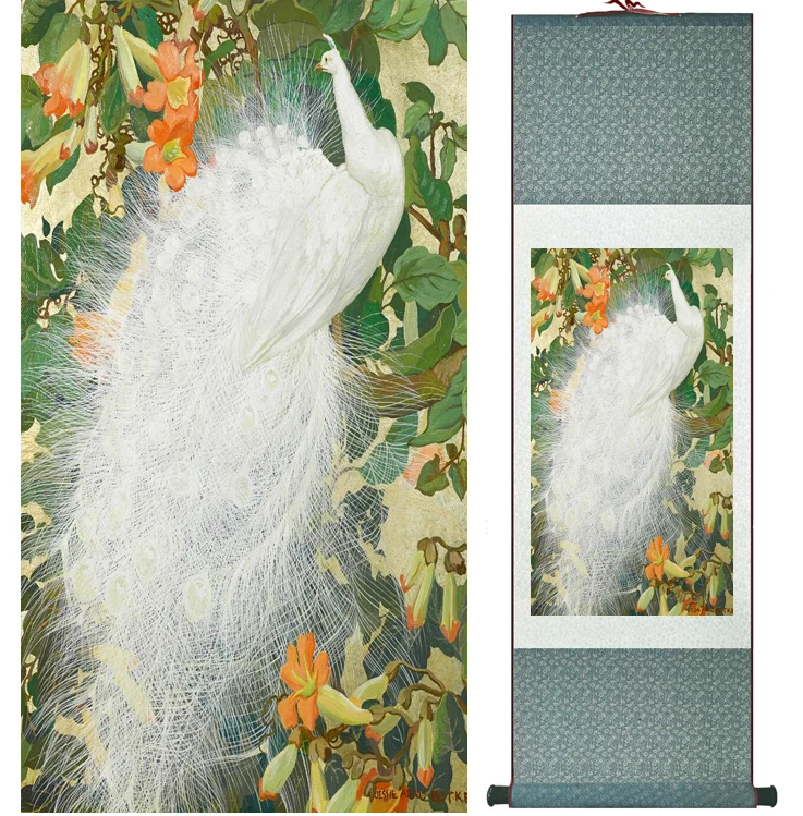 Павлин и цветок картина для дома офиса украшение китайская живопись в свитке