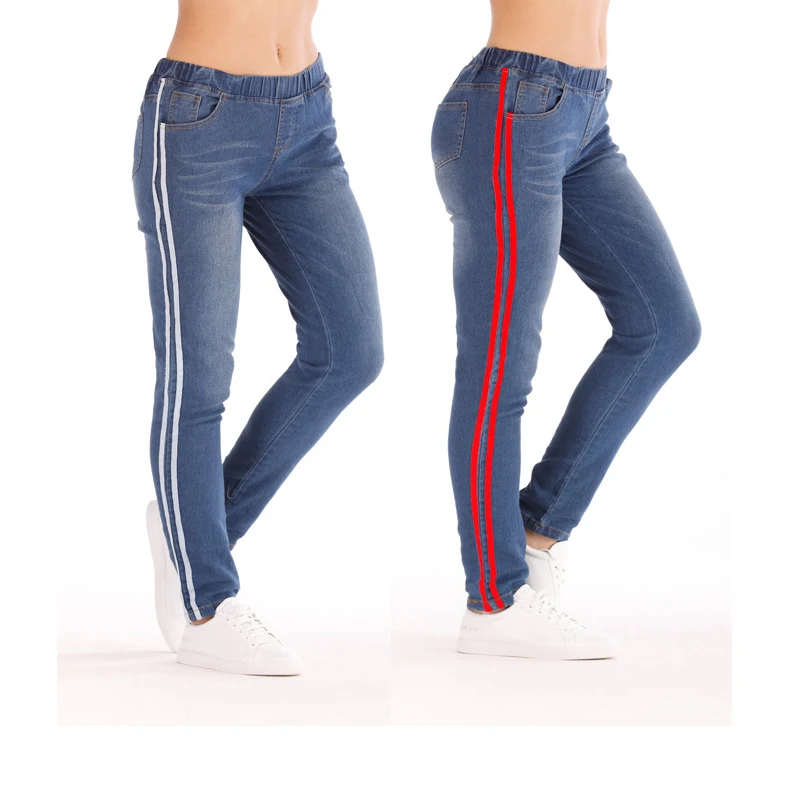 

Elastic Waist Jeans For Women Plus Size Patchwork Skinny Jeans With Red Stripes On The Side Jean Femme Casual Push Up Denim 5xl