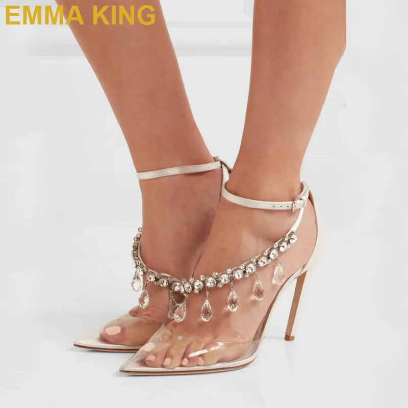 

Luxury Crystal Rhinestone Women High Heels Shoes Pointy Toe Transparent PVC Stiletto Pumps Sexy Bridal Wedding Party Shoes Woman