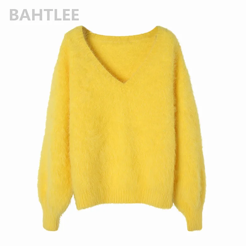 YELLOW BAHTLEE зимний женский джемпер из Ангорского Кролика, свитер с v-образным вырезом и рукавом-фонариком, норковый кашемировый вязаный пуловер, сохраняющий тепло, толстый свободный - Цвет: YELLOW