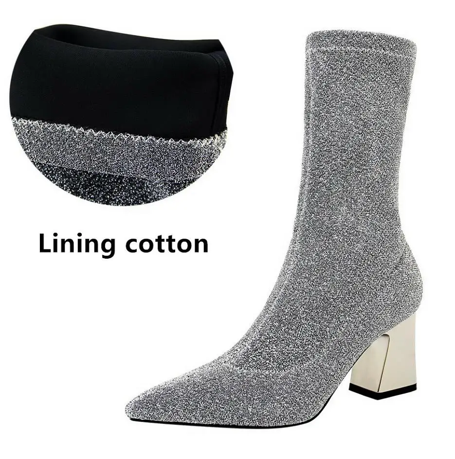 silver lining cotton {D& Henlu}/эластичные женские сапоги-чулки женские сапоги до середины икры; Botas Mujer; весенние сапоги на высоком каблуке с серебряными украшениями - Цвет: silver lining cotton