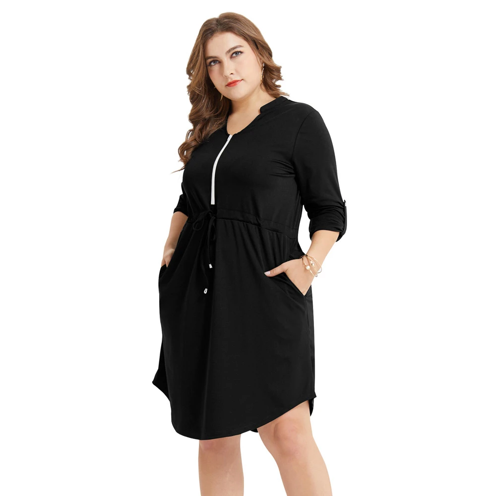 Женское платье с v-образным вырезом и длинным рукавом однотонное большого