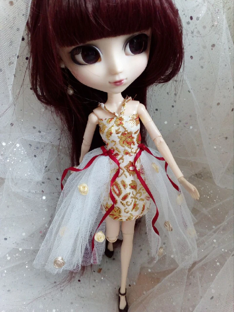 1 шт., платье в стиле ретро Blyth Dolls, Золотая шелковая юбка с бантом, блестящее платье Gauzy для Blyth Pullip Dal Kurhn Momoko 1/6, аксессуары для кукол
