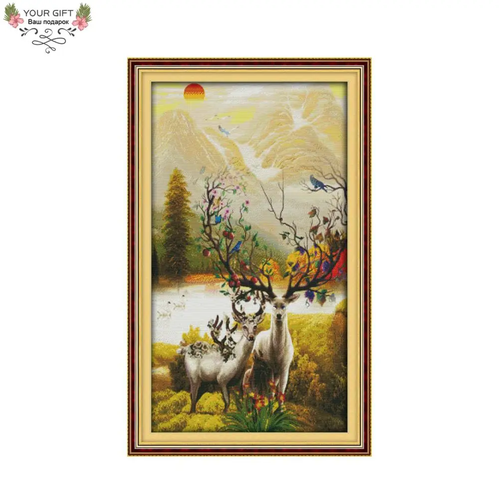 

Joy Sunday Factory A Rich Deer Happiness Home Decoration D911 14CT 11CT Counted and Stamped Animal Handcraft Cross Stitch Kits