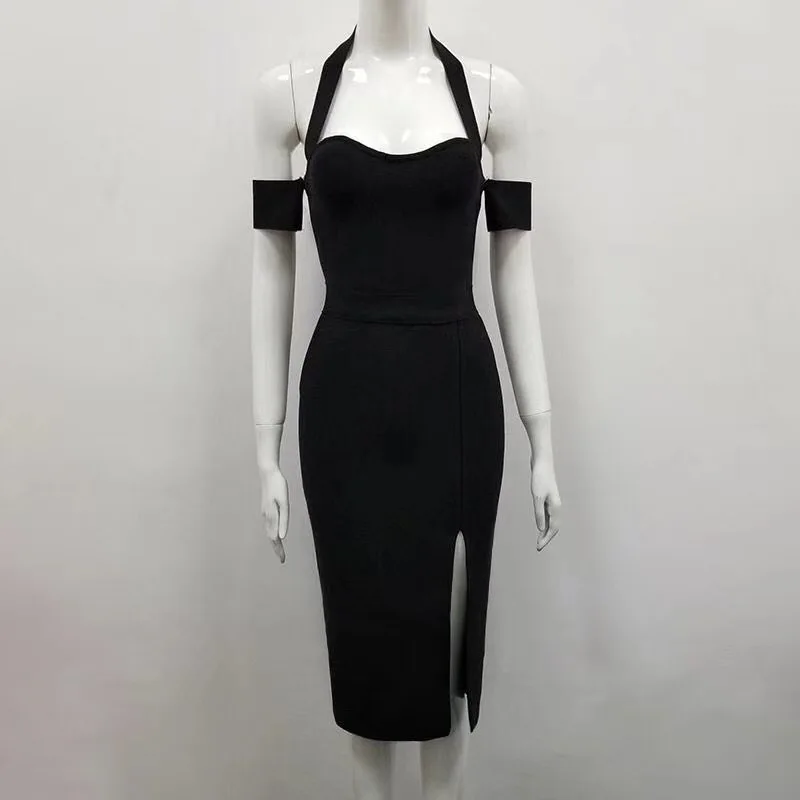 

2018 new sexy fashion summer dress halter neck off the shoulder split bodycon bandage dress vestidos party dress robe black W-19