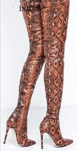 Sexy Python Print Leather Over The Knee Tight High Boots Pointed Toe Women 2019 Slim Fit Banquet Dress Shoes | Обувь