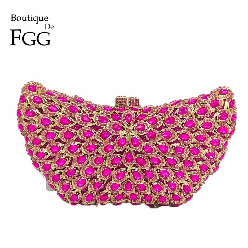 Boutique De FGG Фуксия Бабочка Кристалл женские вечерние сумки клатчи со стразами