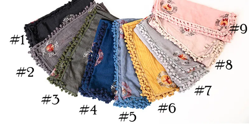 select wanted colors 9 цветов, элегантный дизайн, шаль с помпоном, женские шарфы с вышивкой и шали, модная вышивка, цветок, глушитель, мягкий хиджаб fourlard - Цвет: select wanted colors