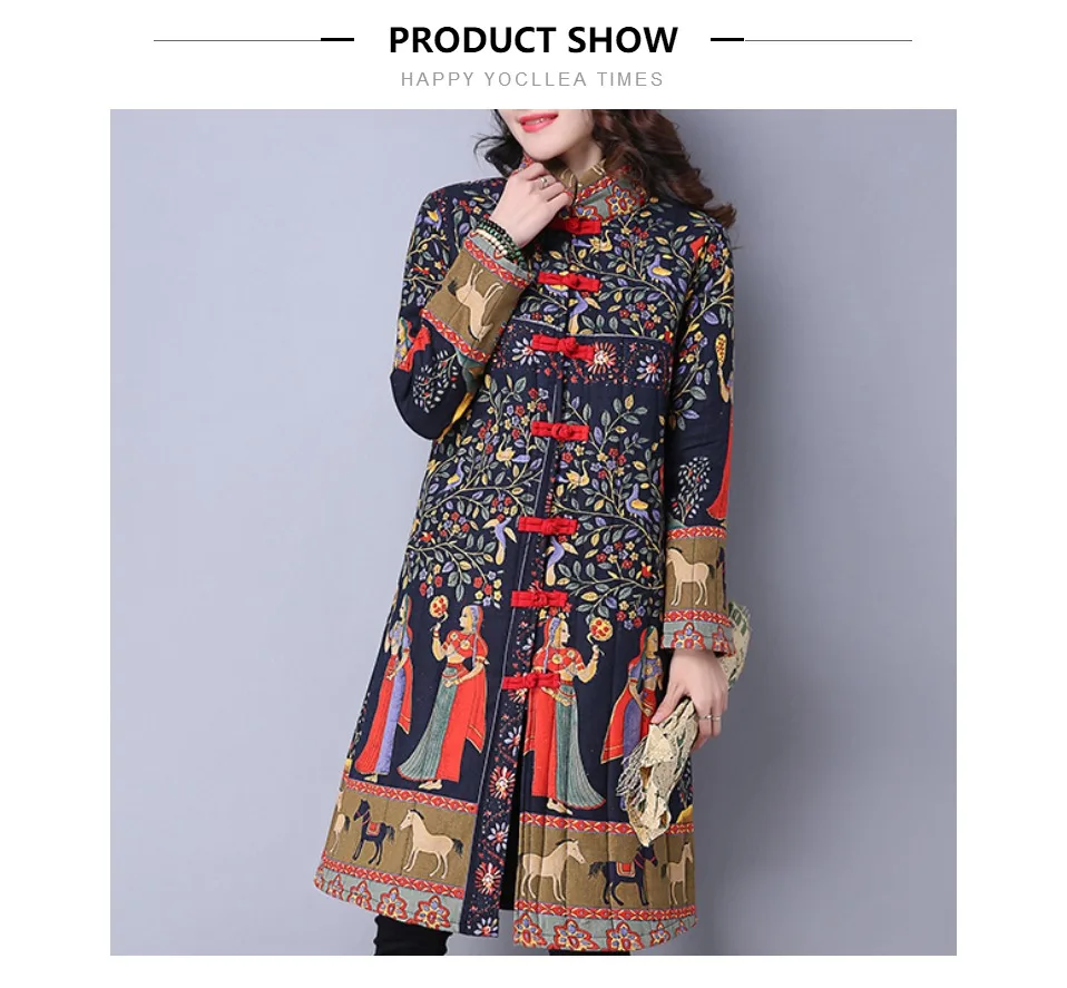 Winter Jacket Women Thick warm Long Parka Mujer Cotton Padded coat vintage Button Print Overcoat plus size Women Tops