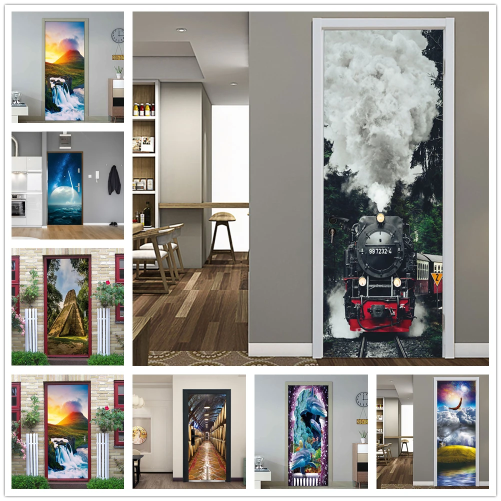 

3D Door Stickers Retro Train Door Home Decor Paste For Living Room Bedroom Kitchen Decoration Wall Decors Wallpapers Deursticker