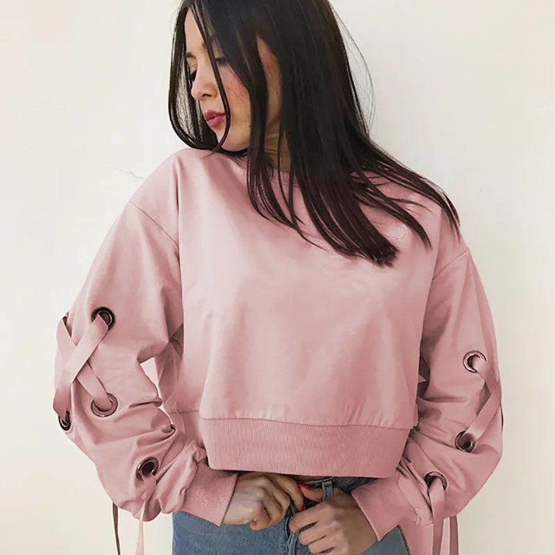 

2017 Chic Sexy Fashion lady Casual O-Neck Lace Up Long Sleeve Pink Hoodie Crop Top Streetwear