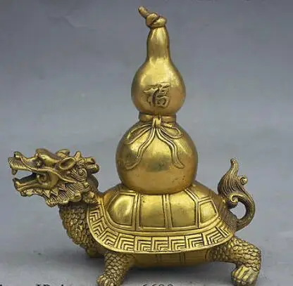 

8" Folk China FengShui Brass JiXiang Lucky Dragon Turtle Carry Fu Gourd Statue