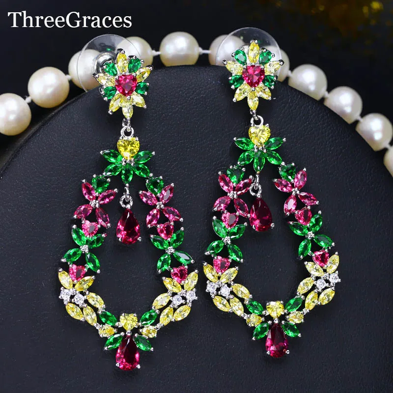 

ThreeGraces Summer Jewelry Long Flower Drop Bohemian Earrings Yellow Green Red Multicolor Cubic Zirconia Stone For Women ER266