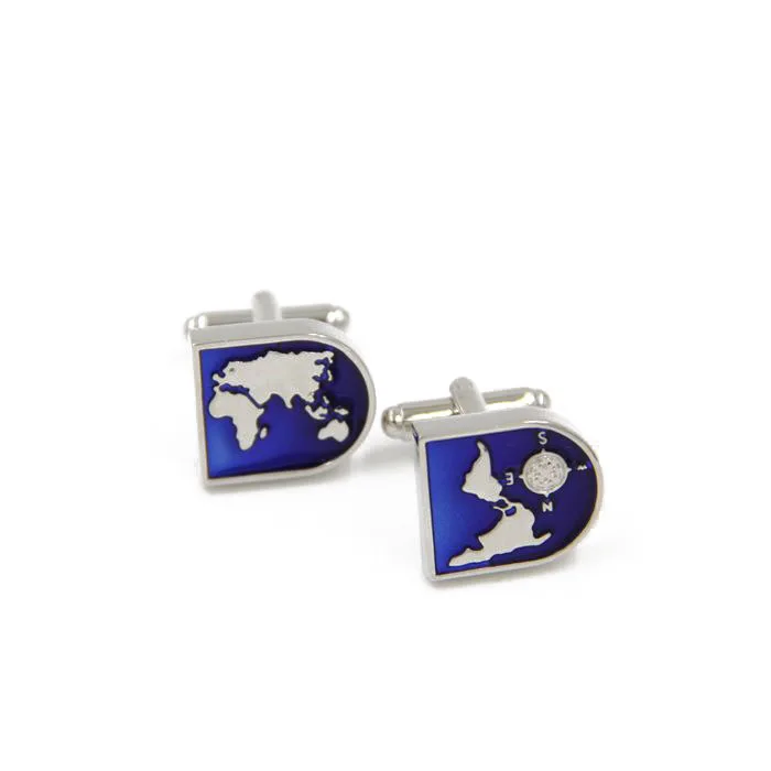 Новинка запонки с компасом и синей картой классические для рубашки в эпоксидном