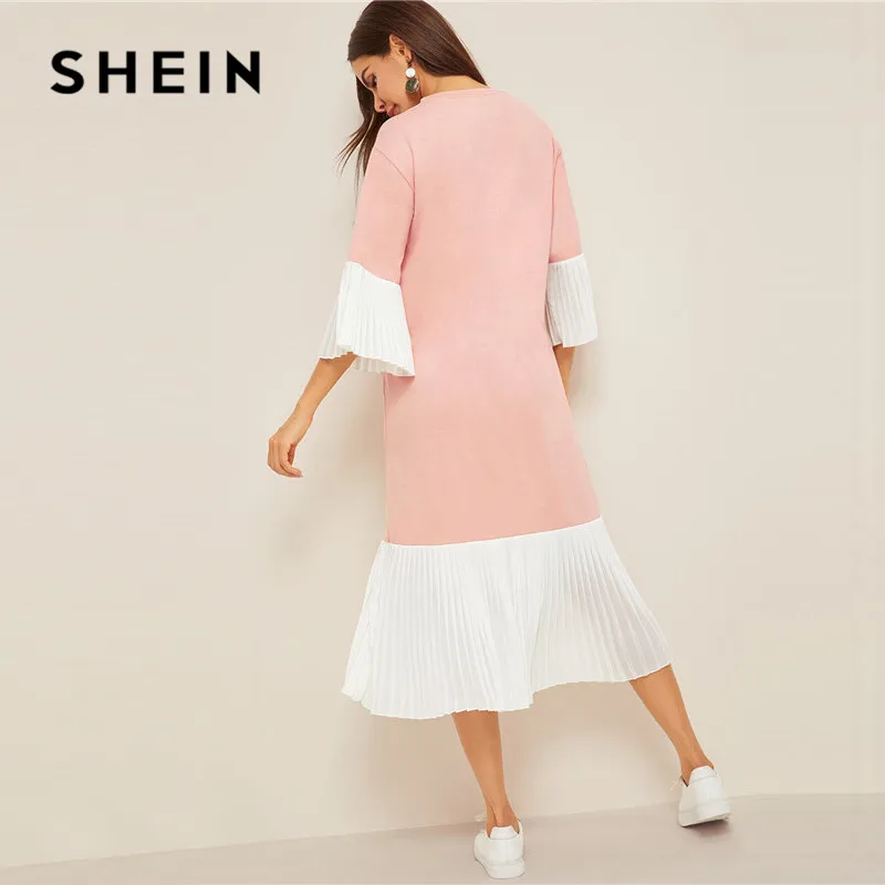 SHEIN летнее платье-хиджаб со слоганом и плиссировкой, женское повседневное свободное платье миди с рукавами-воланами, розовое длинное платье с коротким рукавом