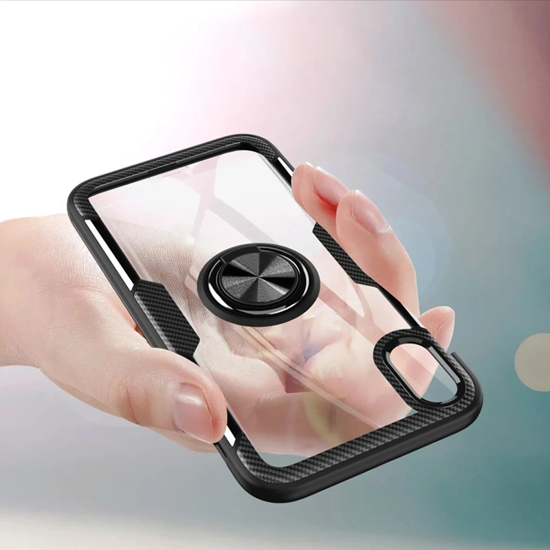 Для iPhone XR чехол Роскошный прозрачный PC + Углеволокно полная защита кольцо