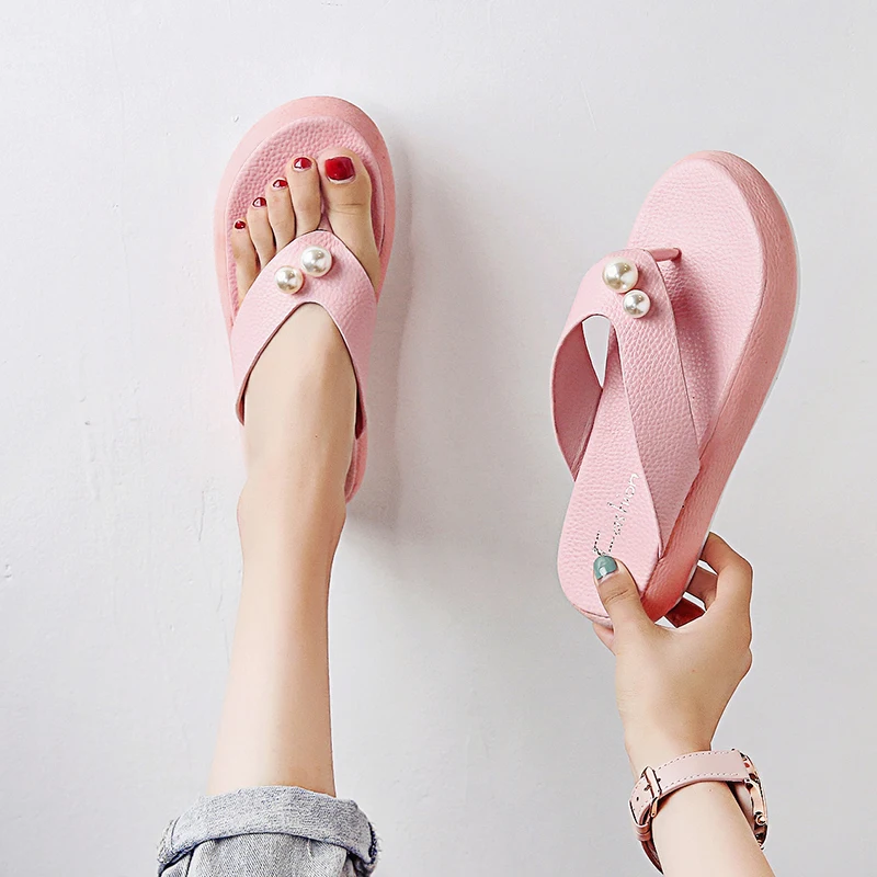Summer Slippers Women Platform Shoes Pearl Flip Flops PU Ladies Casual Slip-on Beach mules 003w | Обувь