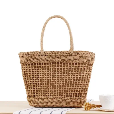 

2019 New Rattan Handle Woven Bag Big Beach Bag Shoulder Bag Simple Pure Color Straw Bag Hollow Package Handbags Wholesale