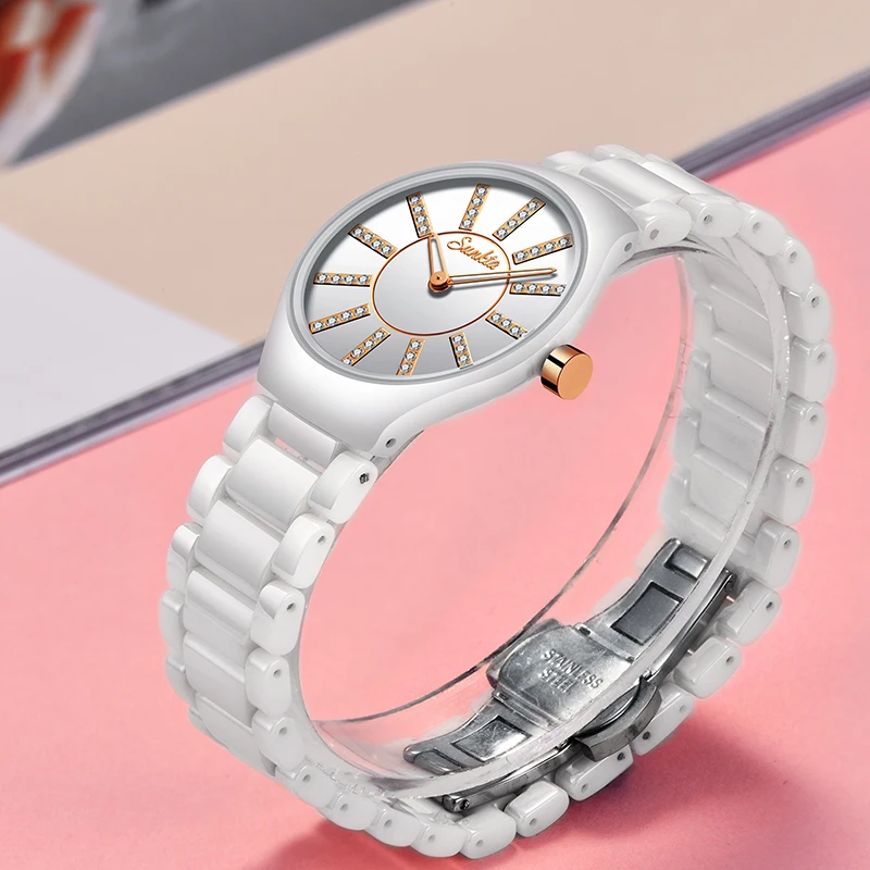 SUNKTA Relogio Feminino женские часы Лидирующий бренд Роскошные модные водонепроницаемые часы с бриллиантами Женские Простые керамические кварцевые часы+ коробка