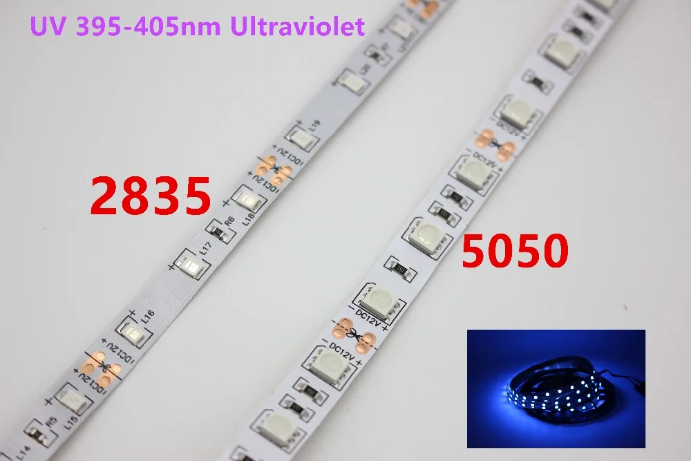12V 2835/5050 SMD 60 светодиодов/m УФ 395 405nm Ультрафиолетовый водонепроницаемый фиолетовый