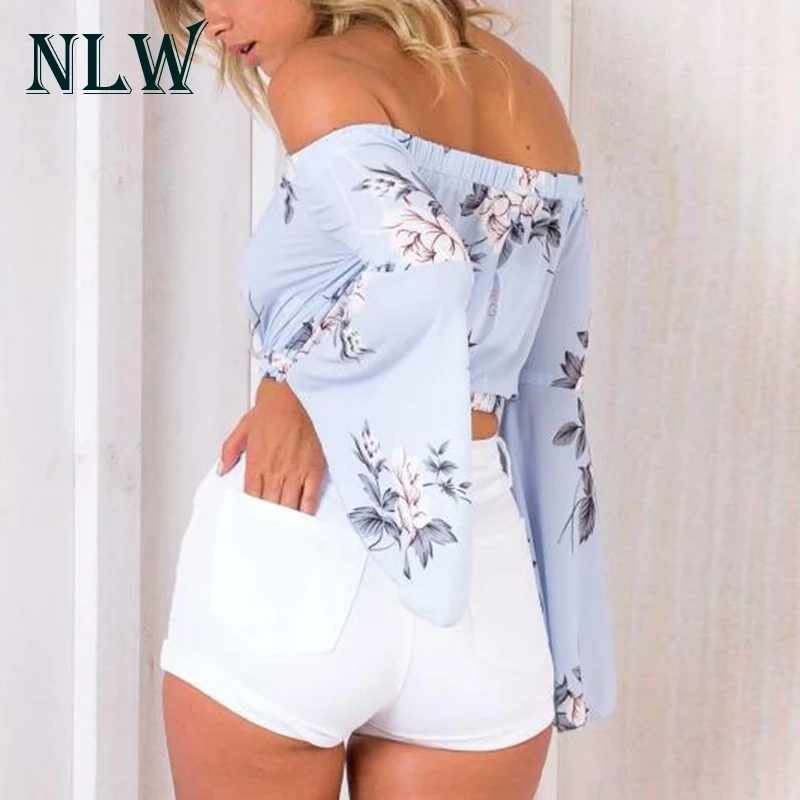 NLW Floral Chiffon Blouses Shirts Off Shoulder Flare Sleeve 2018 Women Summer Backless Short Crop Top Boho Beach Casual Wear |