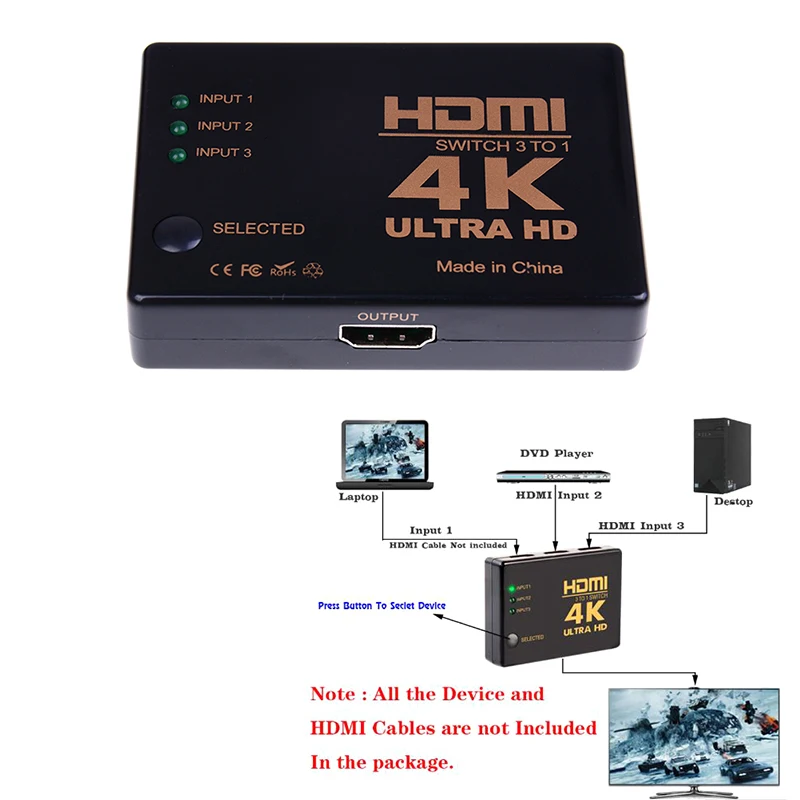 3 портовый Переключатель HDMI 4K * 2K переключатель сплиттер селектор коробка Ultra HD