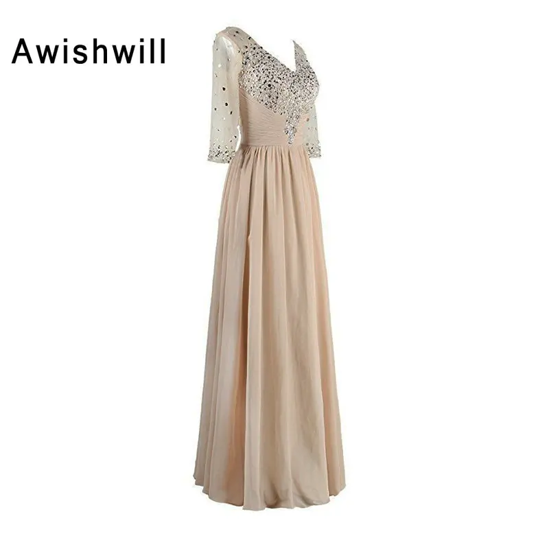 New Arrival 2020 Long Evening Dress With 3/4 Sleeves V-neck Beadings Chiffon Banquet Mother of The Bride Dresses Robe De Soiree | Свадьбы и