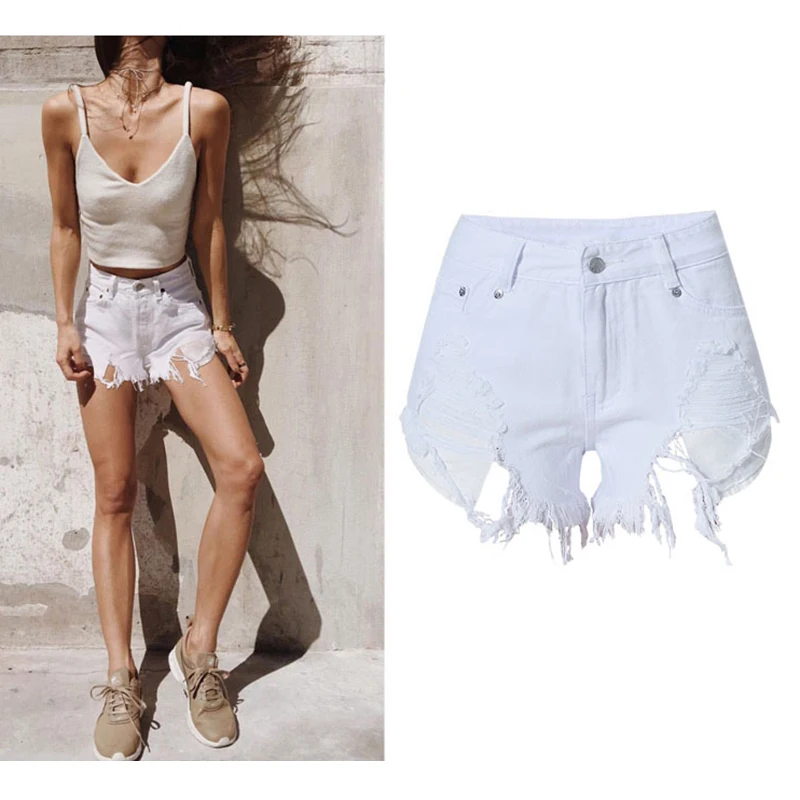Женские джинсовые шорты с высокой талией однотонные белые облегающие рваные