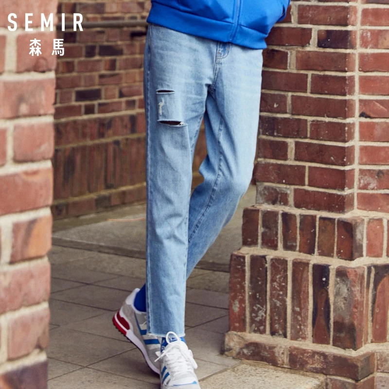 Джинсы SEMIR мужские укороченные из 100% хлопка узкие брючные джинсы с потертостями