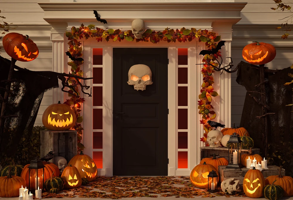 

Halloween Background For Photographic Vinyl Skulls Decoration Door Pumpkin Lantern Backdrops Photography