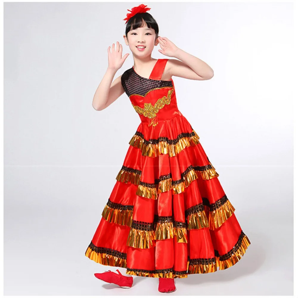 Kids Girls Red Belly Dance Dress Spanish Flamenco Costume Ballroom Tribal Match Head Flower | Детская одежда и обувь