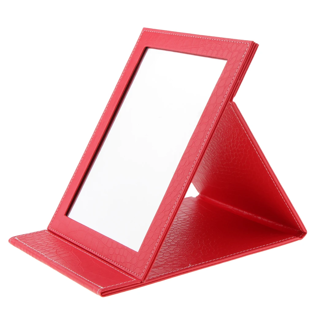 Red PU Leather Makeup Mirror Folding, Portable Foldable Cosmetic Mirror Travel - Цвет: Red