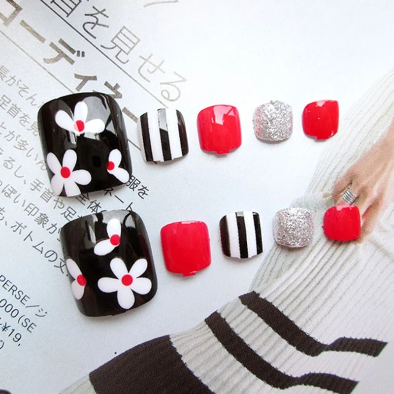 24pcs Artificial Fake Toe Nails Flower False Nail Tips For Summer Holiday J31 | Красота и здоровье