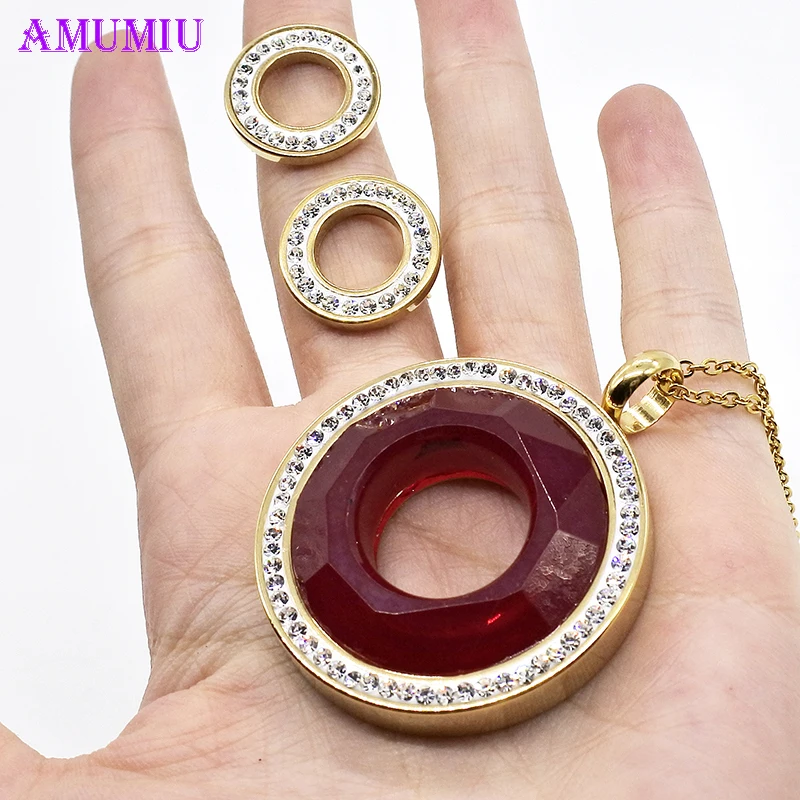

AMUMIU Red Sun Crystal Glass Charming Women Wedding Jewelry Sets for Dresses Dating Accessories Necklace Earrings Sets JS062B